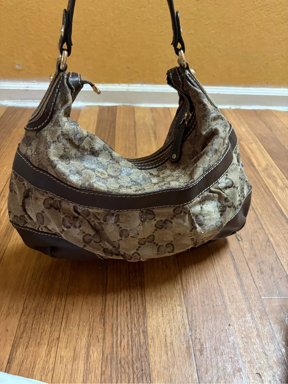 Gucci Brown GG Monogram Canvas Hobo with Dark Brown Leather Trim